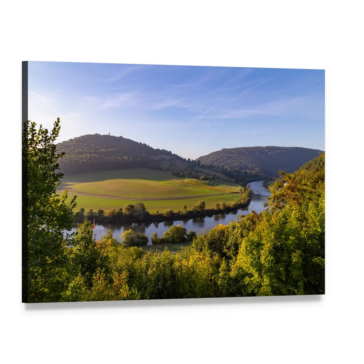 Sunrise Over River and Hills Canvas Wall Art, single panel gallery wrapped canvas, angled product view