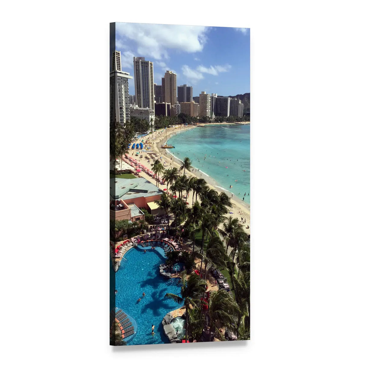 Waikiki Beach Aerial View with Palm Trees Vertical Canvas Wall Art, 1 panel 1 Vertical layout gallery wrapped canvas set, angled product view