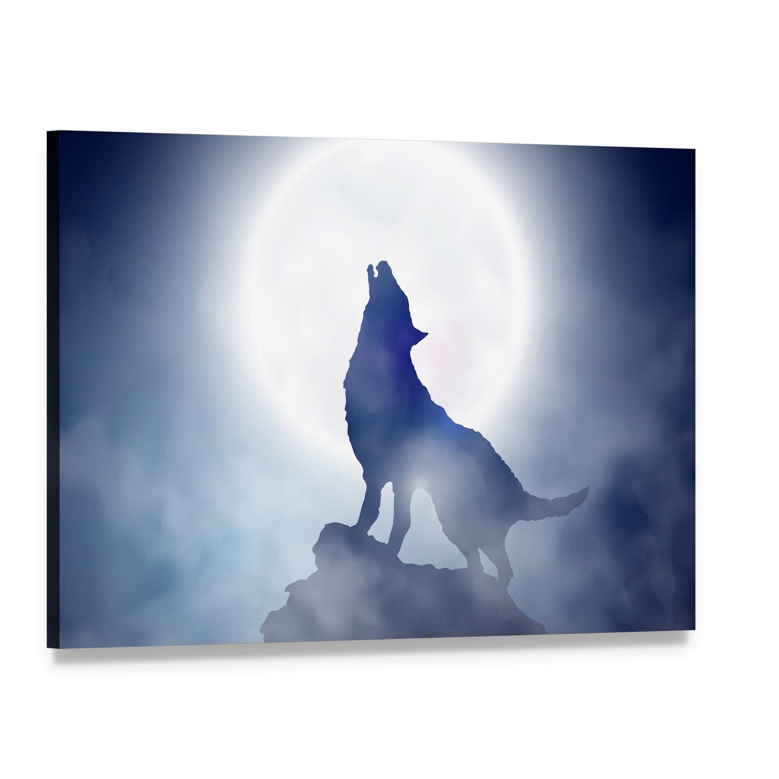 Wolf Howling at Moon Canvas Wall Art, single panel gallery wrapped canvas, angled product view