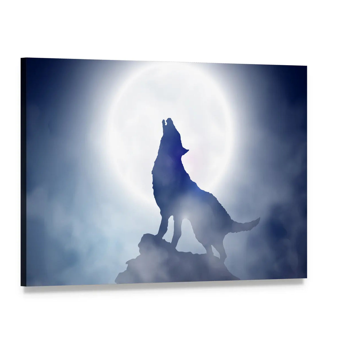 Wolf Howling at Full Moon Canvas Wall Art, single panel gallery wrapped canvas, angled product view
