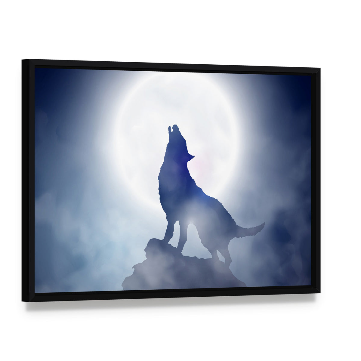 Wolf Howling at Moon Canvas Wall Art, framed canvas in a black floater frame, angled product view