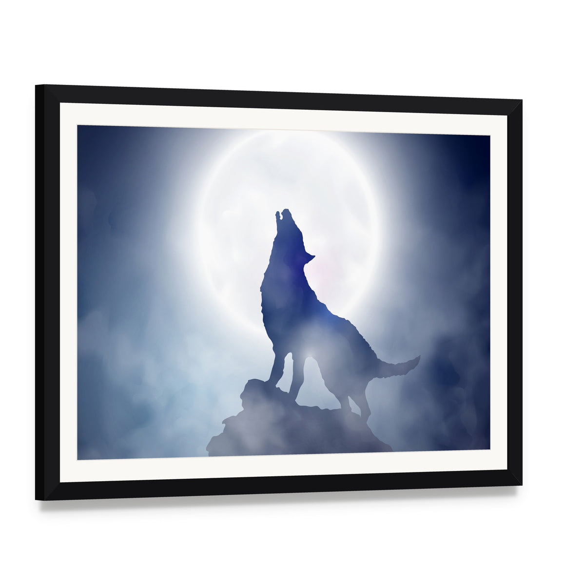 Wolf Howling at Moon Canvas Wall Art, framed print with white mat and black frame, angled product view