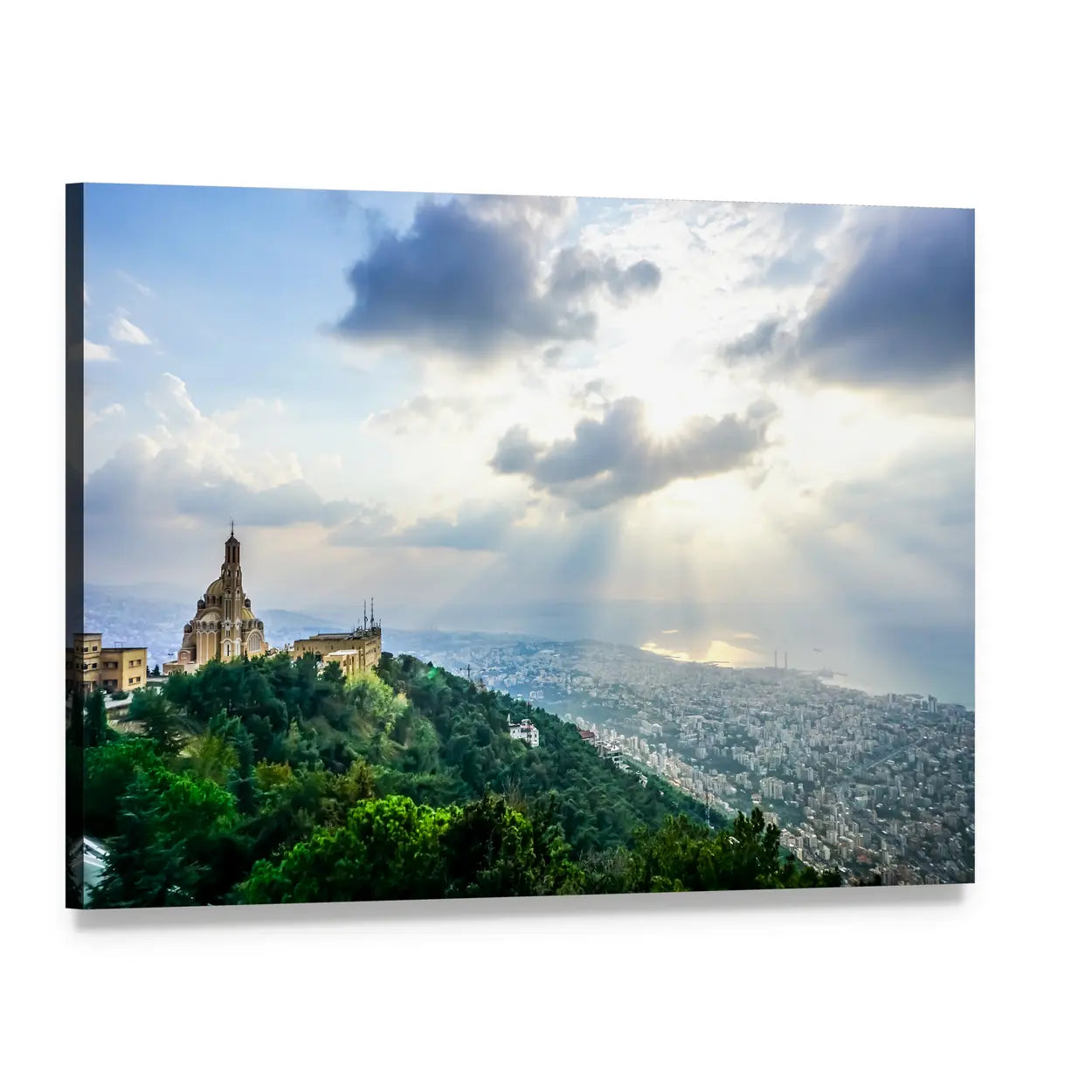 Saint Paul Basilica Jounieh at Sunset Canvas Wall Art, single panel gallery wrapped canvas, angled product view