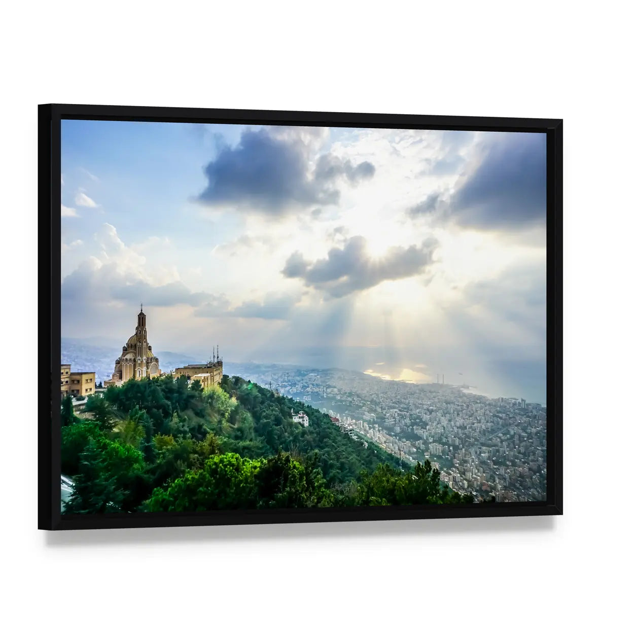 Saint Paul Basilica Jounieh at Sunset Canvas Wall Art, framed canvas in a black floater frame, angled product view