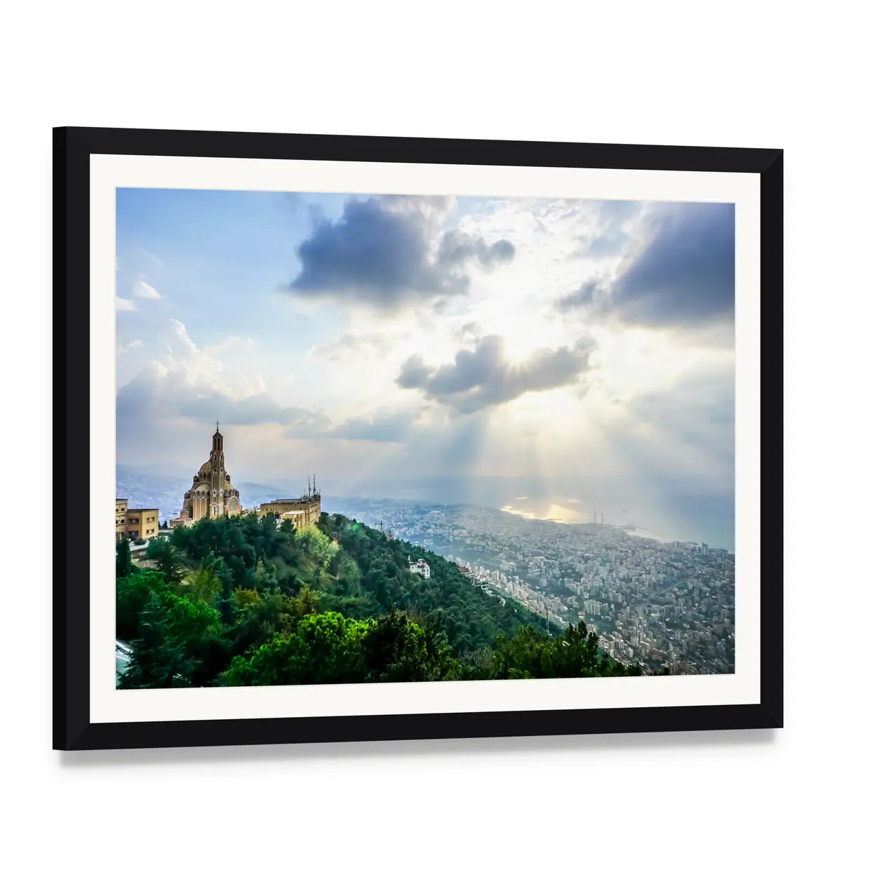 Saint Paul Basilica Jounieh at Sunset Canvas Wall Art, framed print with white mat and black frame, angled product view