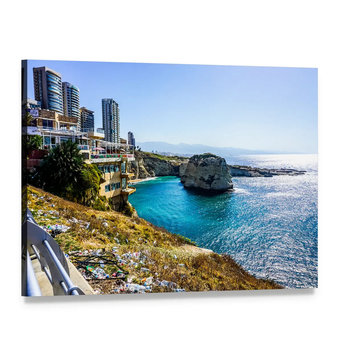 Raouche Rocks and Sea Canvas Wall Art, single panel gallery wrapped canvas, angled product view