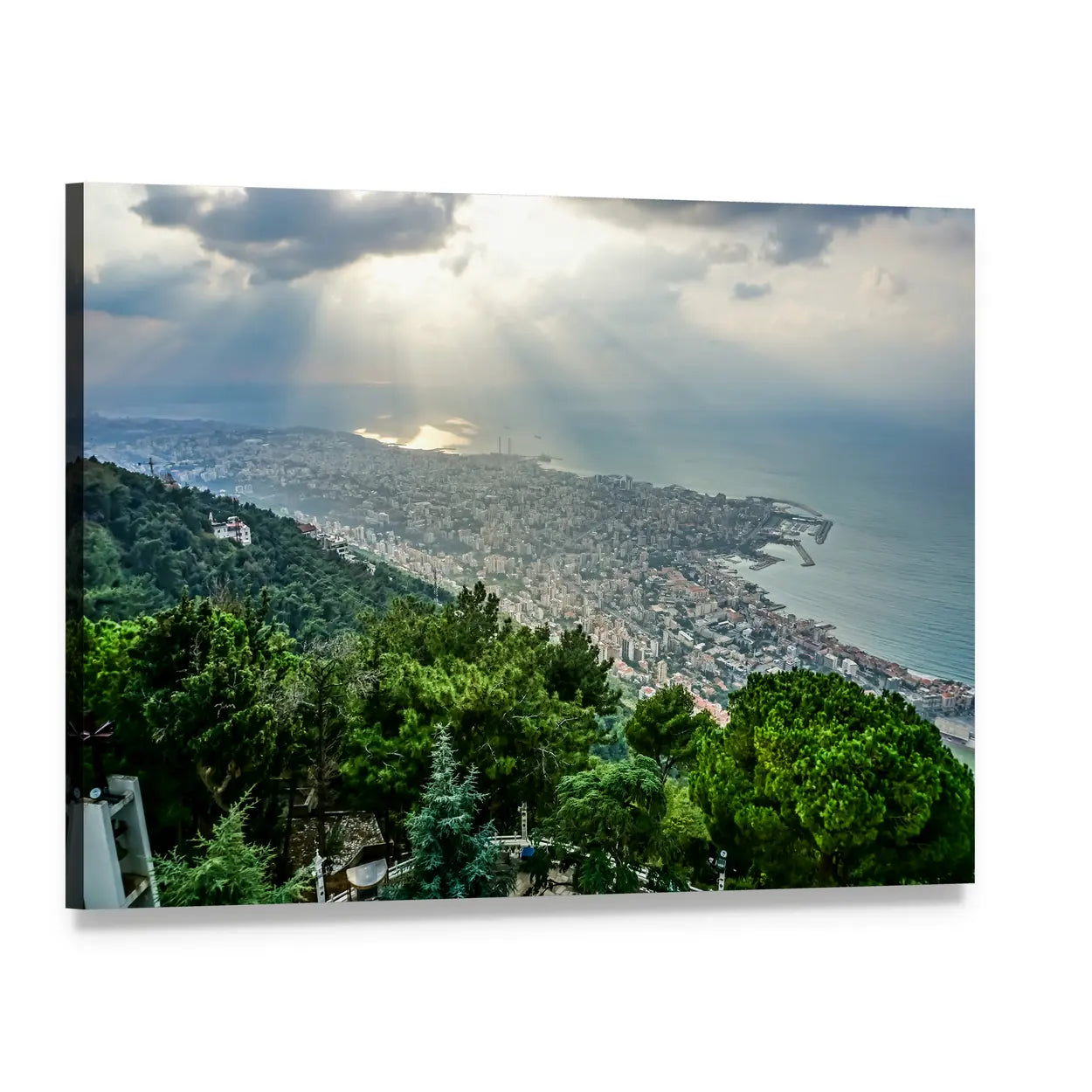 Sunbeams Over Coastal Cityscape Canvas Wall Art, single panel gallery wrapped canvas, angled product view