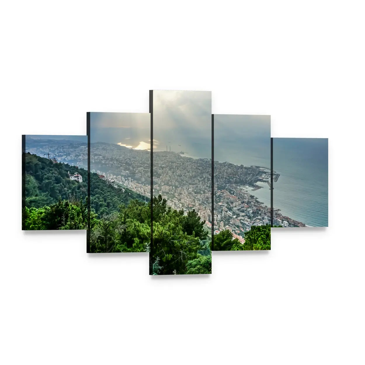 Sunbeams Over Coastal Cityscape Canvas Wall Art, 5 panel 5 Star layout gallery wrapped canvas set, angled product view