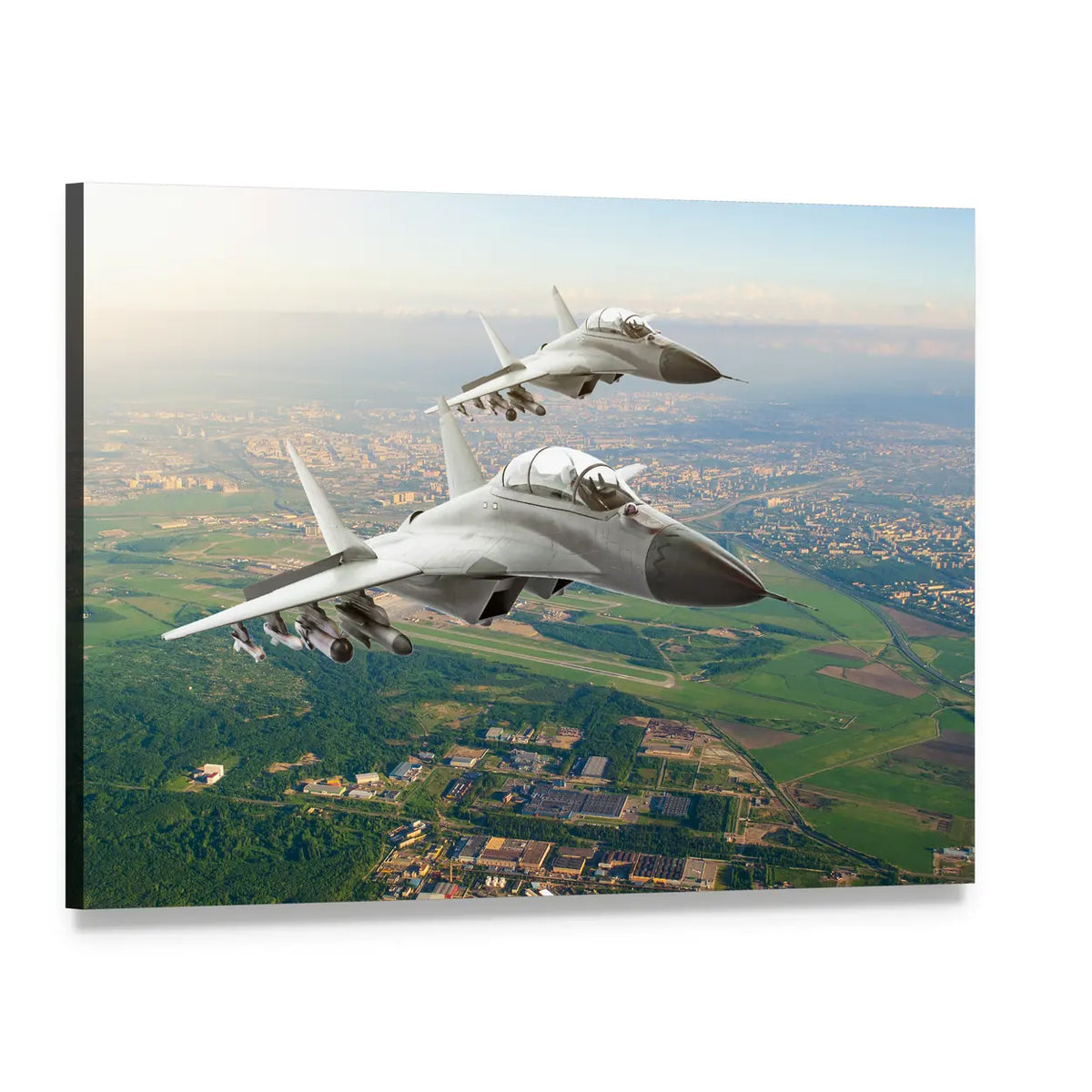 Twin Fighter Jets Over Airfield Canvas Wall Art, single panel gallery wrapped canvas, angled product view