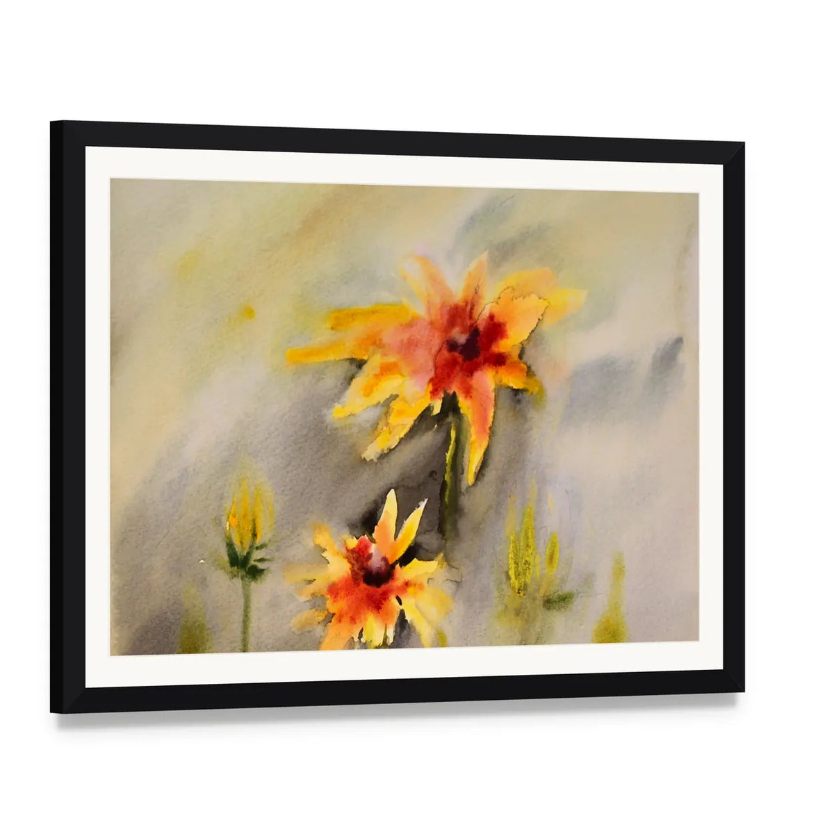 Watercolor Painting of Beautiful Flowers Canvas Wall Art, framed print with white mat and black frame, angled product view