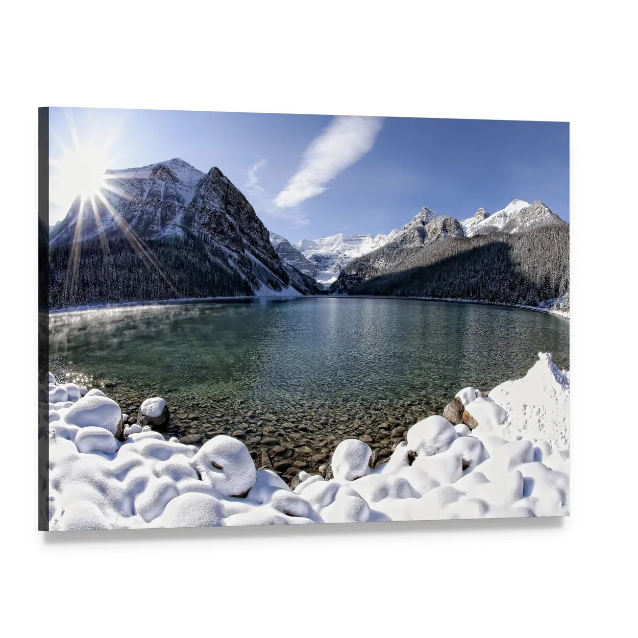 Sunburst Over Alpine Lake and Mountains Canvas Wall Art, single panel gallery wrapped canvas, angled product view