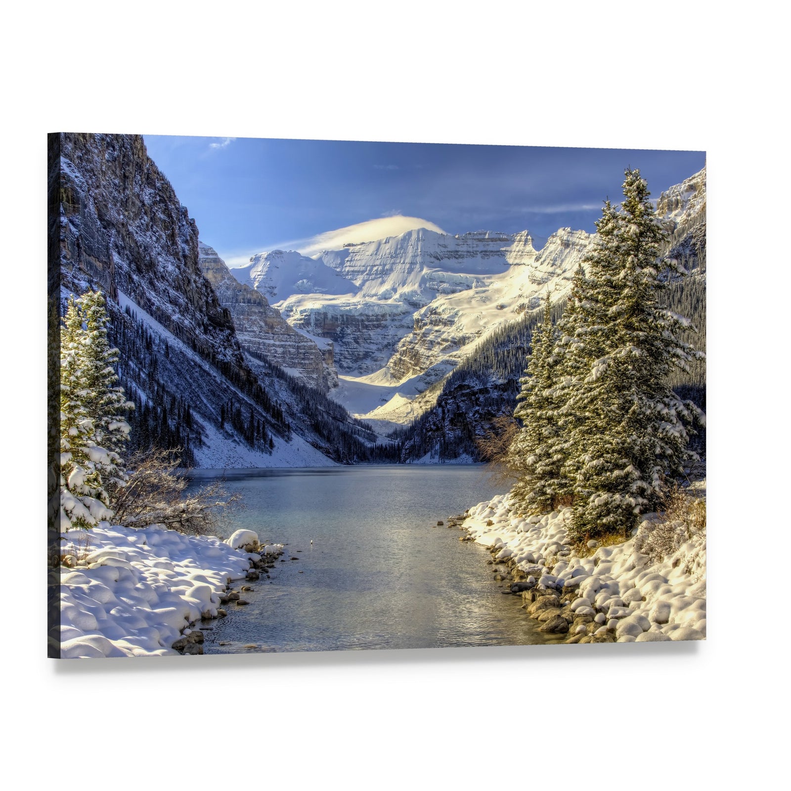 Snow on Lake Louise Canvas Wall Art, single panel gallery wrapped canvas, angled product view