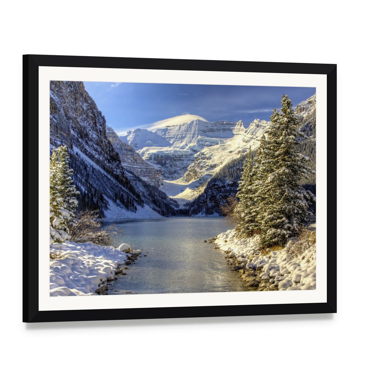 Snow on Lake Louise Canvas Wall Art, framed print with white mat and black frame, angled product view