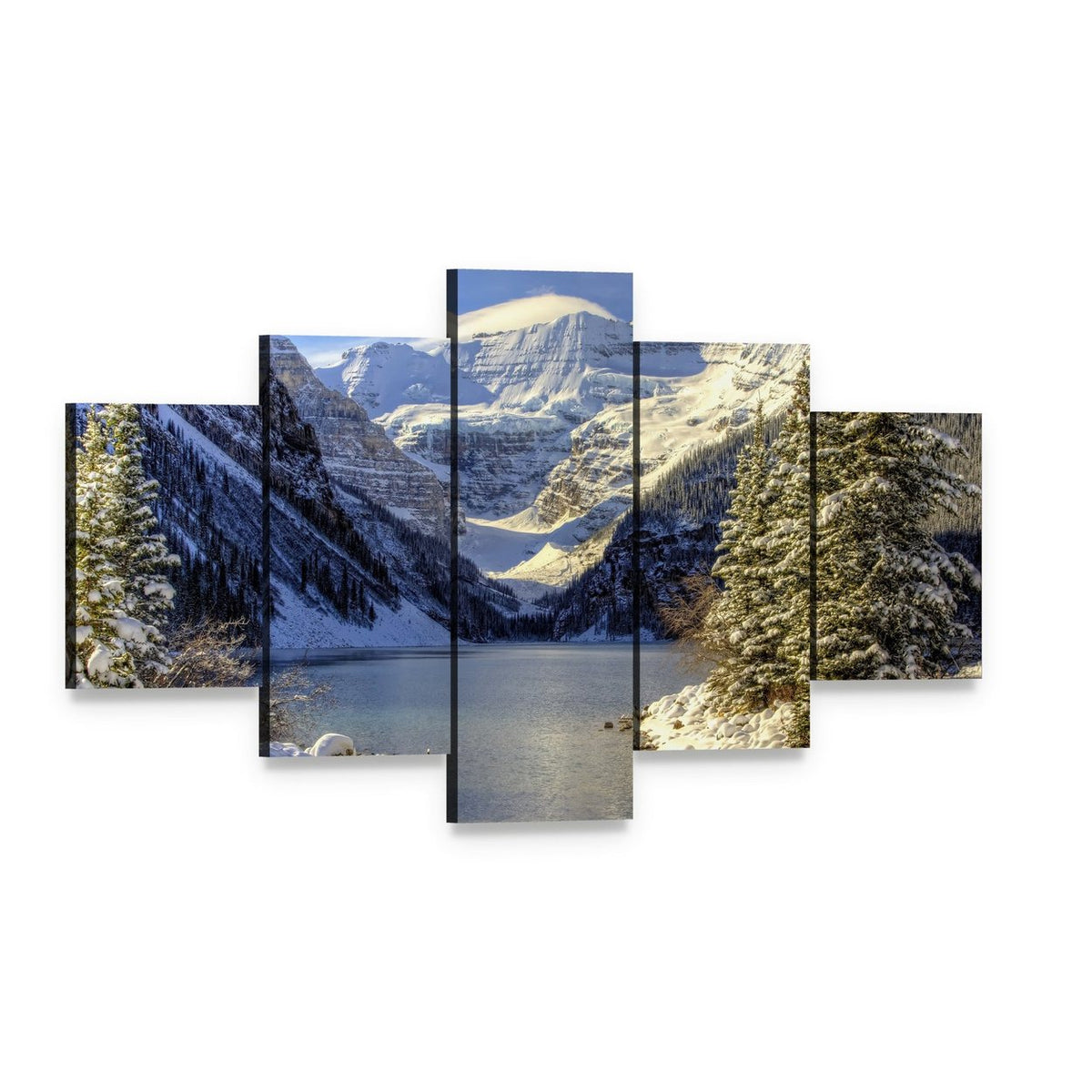 Snow on Lake Louise Canvas Wall Art, 5 panel 5 Star layout gallery wrapped canvas set, angled product view