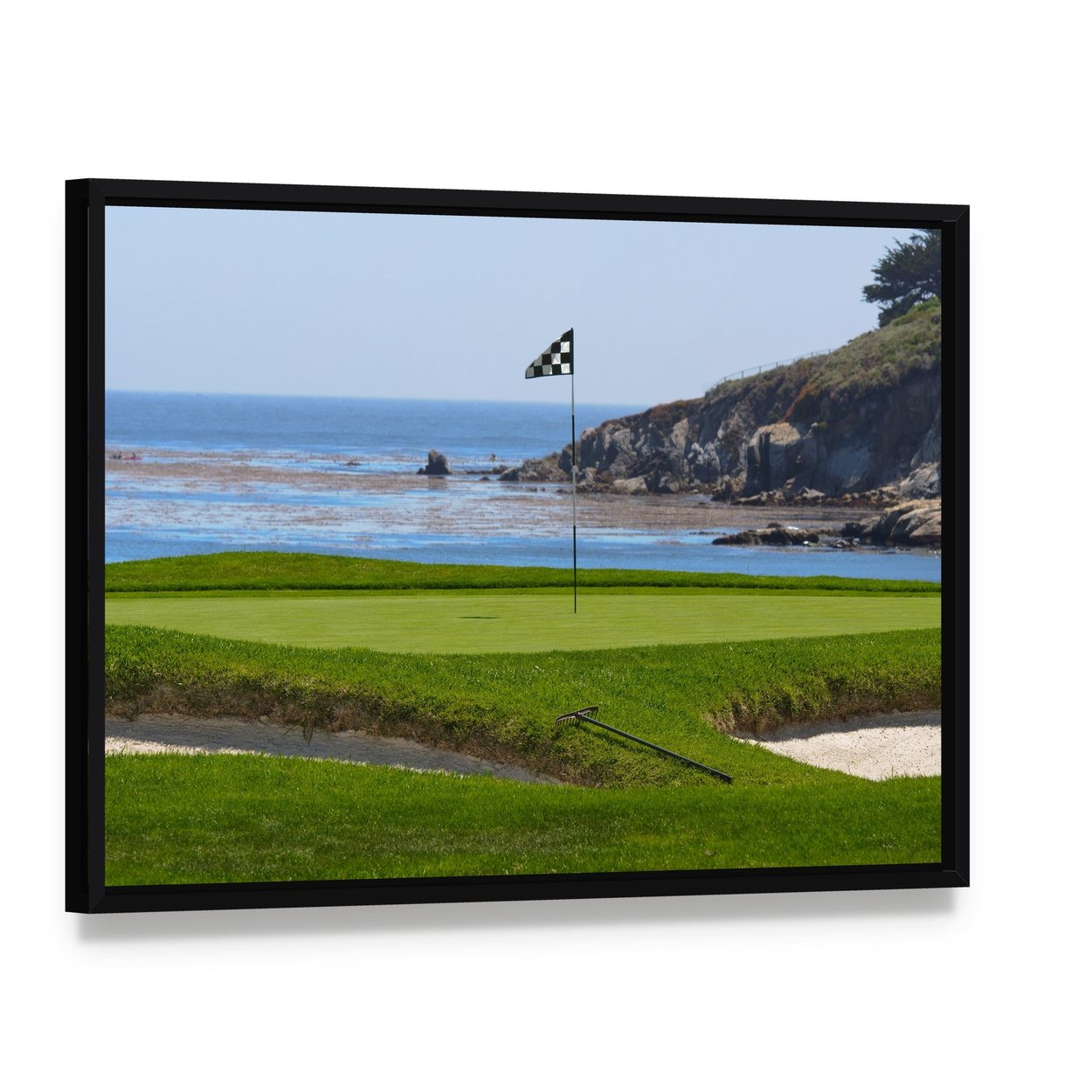 Golf Course and Ocean Canvas Wall Art, framed canvas in a black floater frame, angled product view