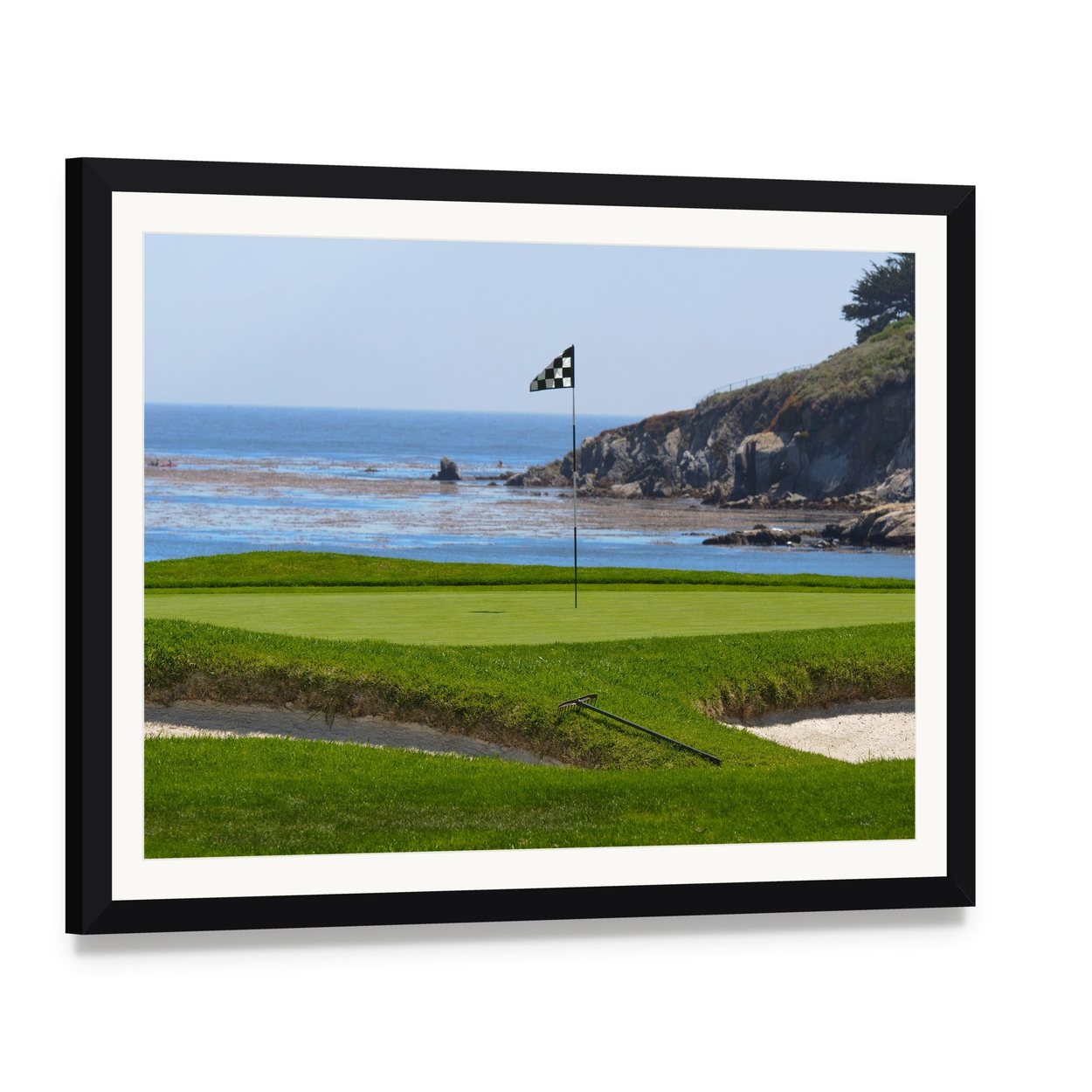 Golf Course and Ocean Canvas Wall Art, framed print with white mat and black frame, angled product view