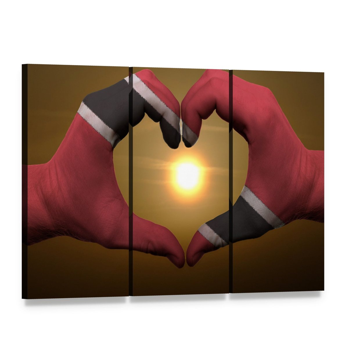 Trinidad and Tobago Flag on Hands Canvas Wall Art, 3 panel 3 Horizontal layout gallery wrapped canvas set, angled product view