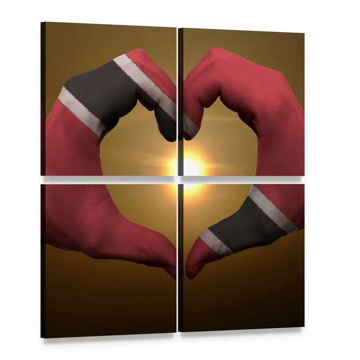 Trinidad and Tobago Flag Hands Canvas Wall Art, 4 panel 4 Square layout gallery wrapped canvas set, angled product view
