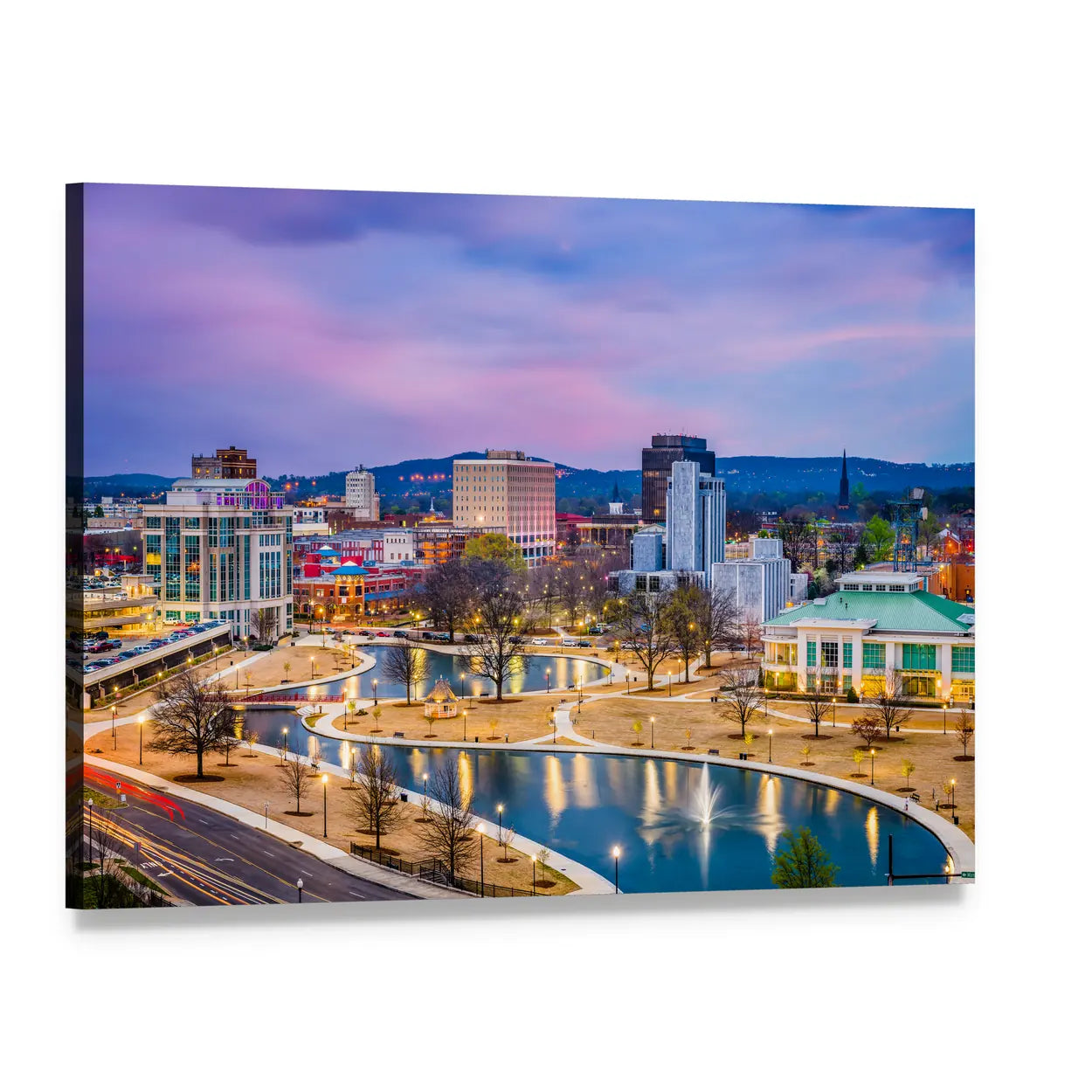 Huntsville Cityscape at Twilight Canvas Wall Art, single panel gallery wrapped canvas, angled product view