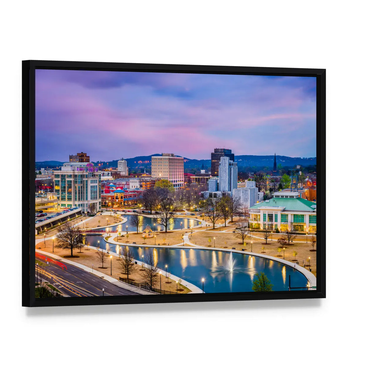 Huntsville Cityscape at Twilight Canvas Wall Art, framed canvas in a black floater frame, angled product view