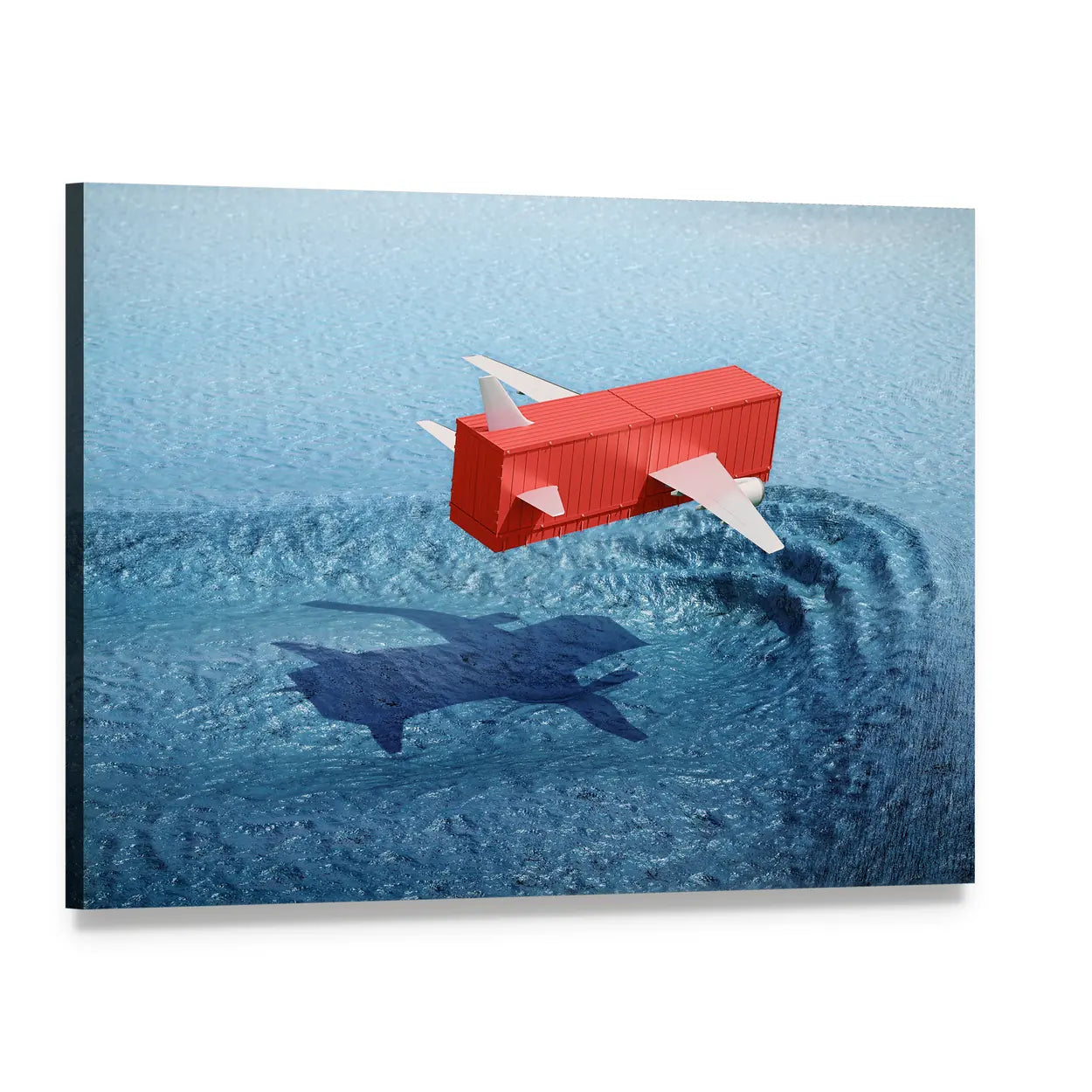 Shipping Container Airplane Over Whale Shadow Canvas Wall Art, single panel gallery wrapped canvas, angled product view