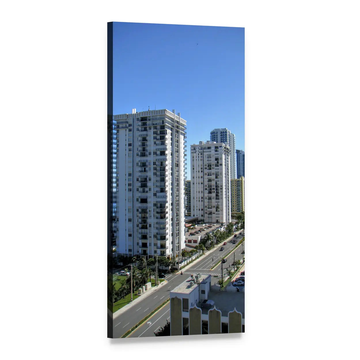 Palm-lined City Road by the Sea Vertical Canvas Wall Art, 1 panel 1 Vertical layout gallery wrapped canvas set, angled product view