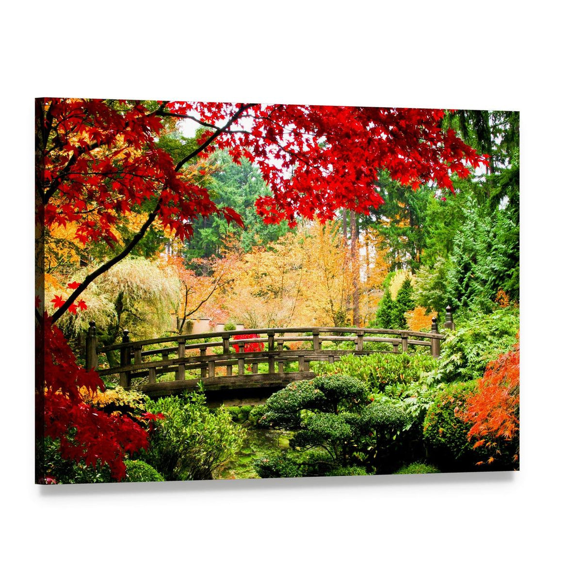 Wooden Bridge in Autumn Garden Canvas Wall Art, single panel gallery wrapped canvas, angled product view