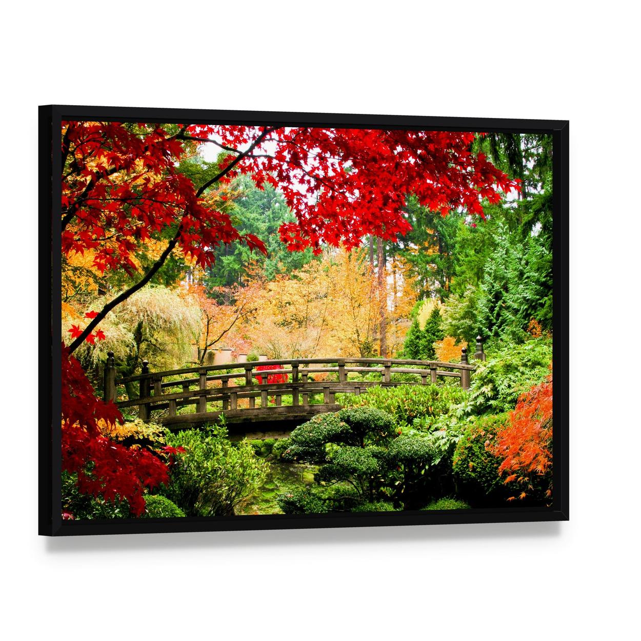 Wooden Bridge in Autumn Garden Canvas Wall Art, framed canvas in a black floater frame, angled product view