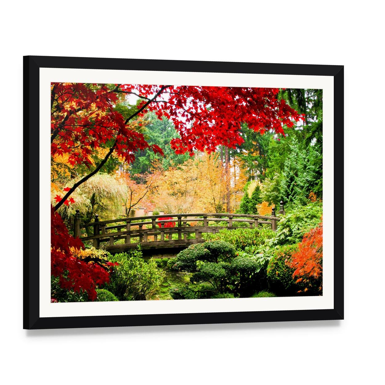 Wooden Bridge in Autumn Garden Canvas Wall Art, framed print with white mat and black frame, angled product view