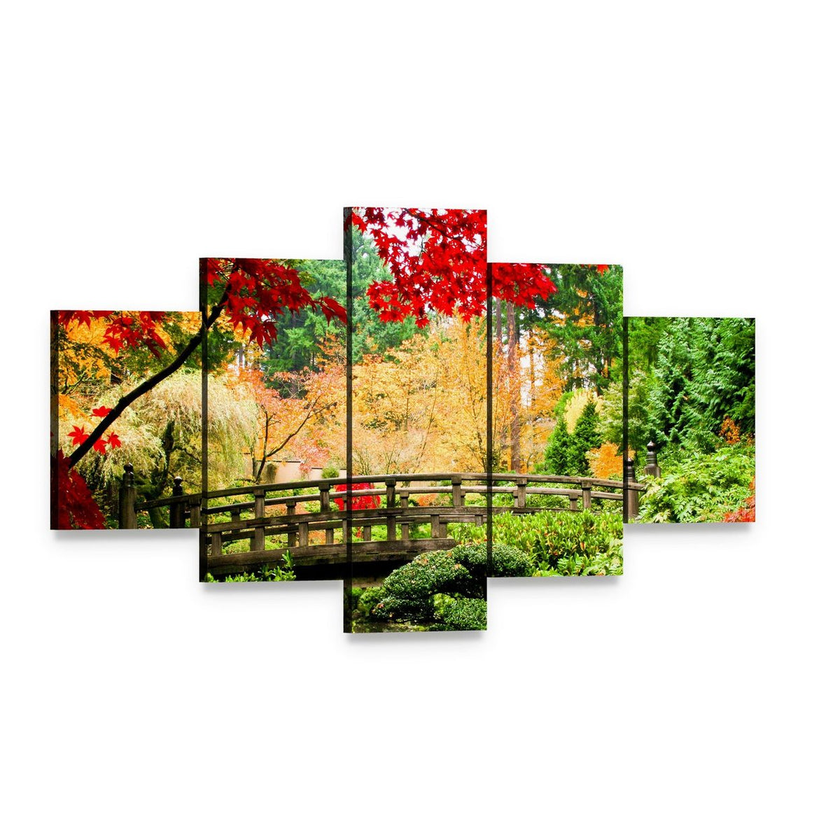 Wooden Bridge in Autumn Garden Canvas Wall Art, 5 panel 5 Star layout gallery wrapped canvas set, angled product view