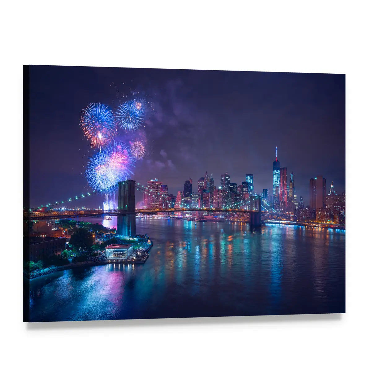 Fourth of July Fireworks Over New York Canvas Wall Art, single panel gallery wrapped canvas, angled product view