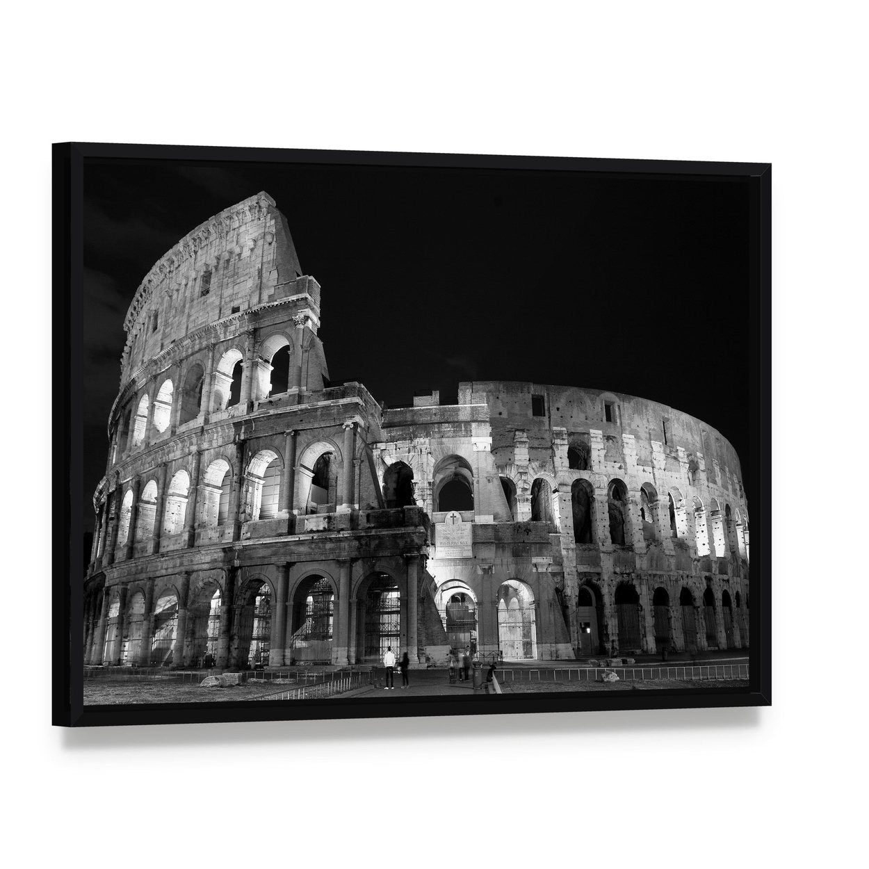 Nighttime Colosseum in Black and White Canvas Wall Art, framed canvas in a black floater frame, angled product view