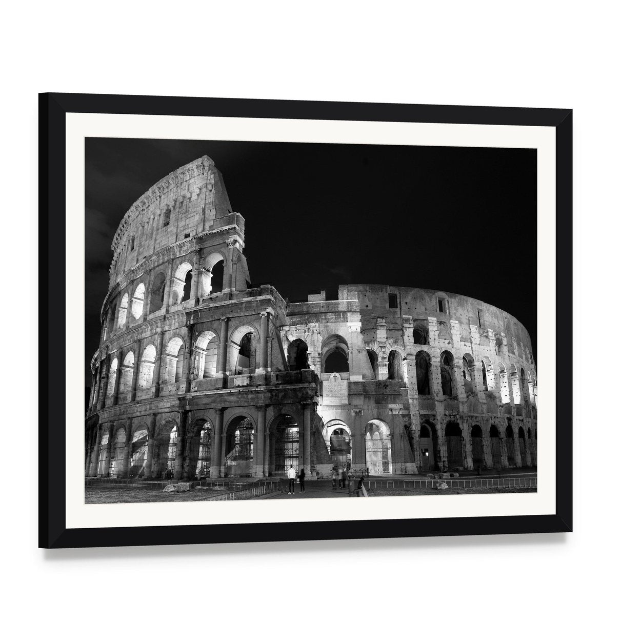 Nighttime Colosseum in Black and White Canvas Wall Art, framed print with white mat and black frame, angled product view