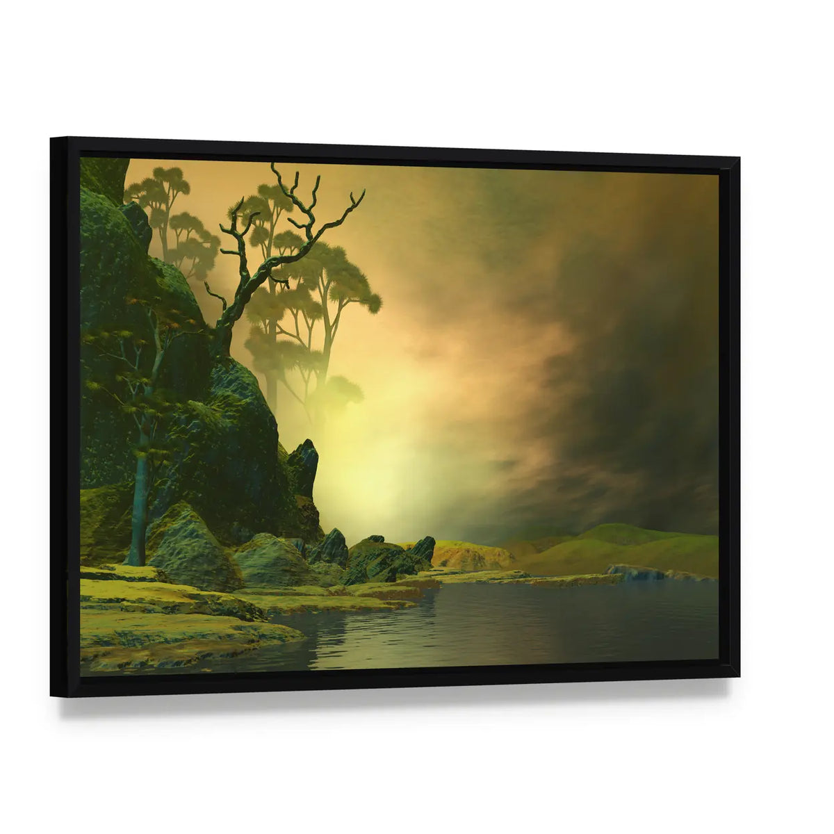 Misty Mountain Lake with Twisted Tree Canvas Wall Art, framed canvas in a black floater frame, angled product view