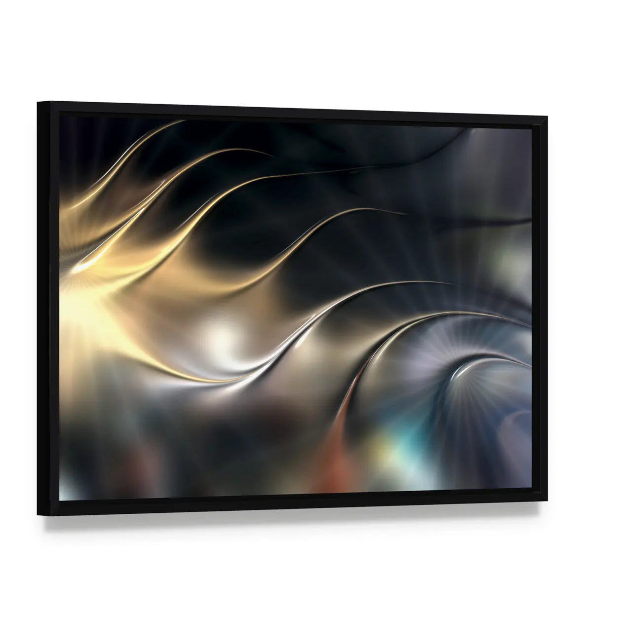 Abstract Metallic 3D Wave Canvas Wall Art, framed canvas in a black floater frame, angled product view
