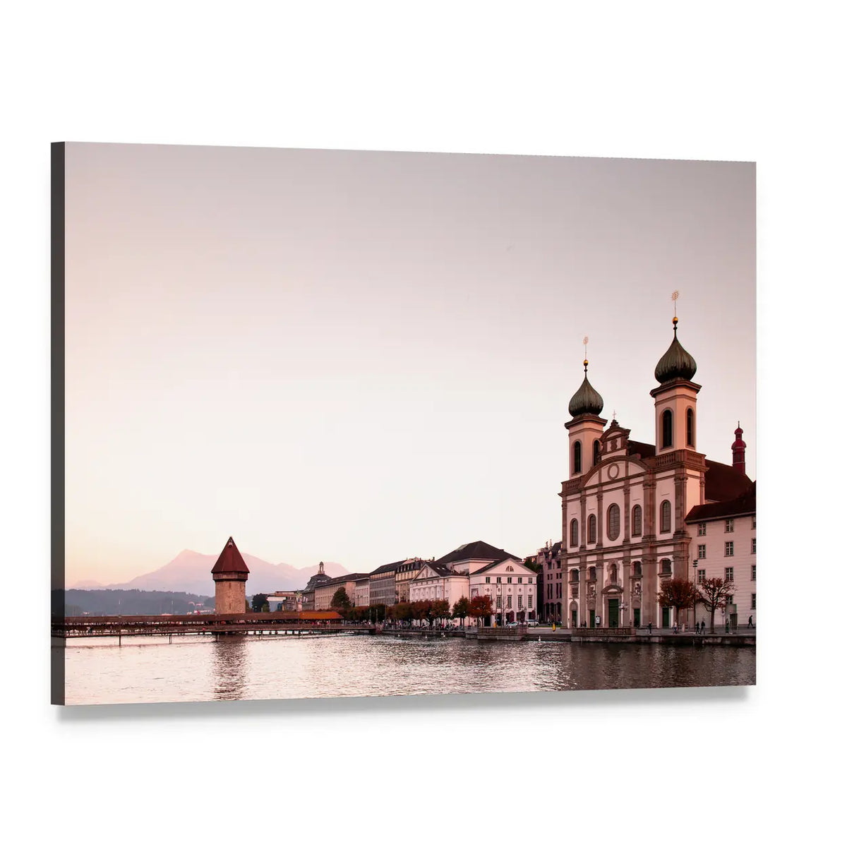 Jesuit Church by the River at Sunset Canvas Wall Art, single panel gallery wrapped canvas, angled product view