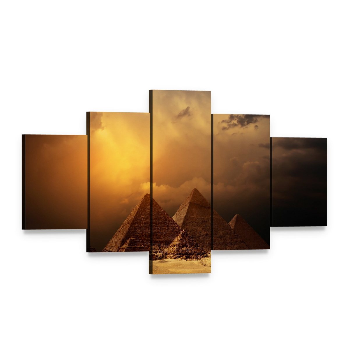 Pyramids in Giza Valley Under Dark Clouds Canvas Wall Art, 5 panel 5 Star layout gallery wrapped canvas set, angled product view