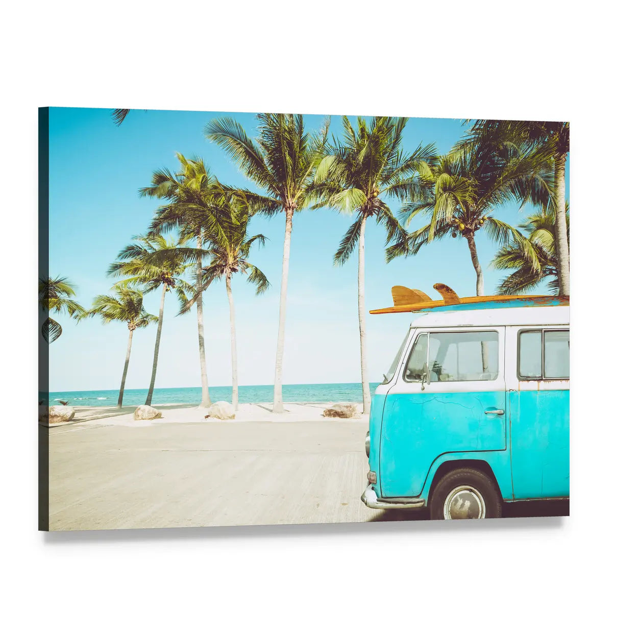 Teal and White Kombi on Tropical Beach Canvas Wall Art, single panel gallery wrapped canvas, angled product view