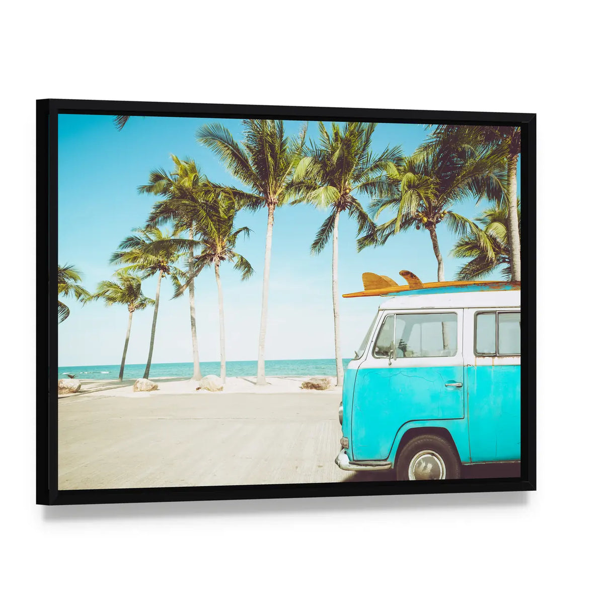 Teal and White Kombi on Tropical Beach Canvas Wall Art, framed canvas in a black floater frame, angled product view