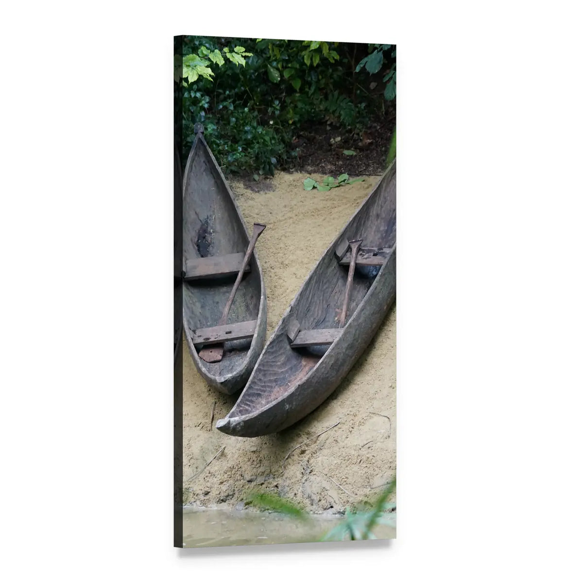 Two Wooden Canoes on Sandy Bank Vertical Canvas Wall Art, 1 panel 1 Vertical layout gallery wrapped canvas set, angled product view
