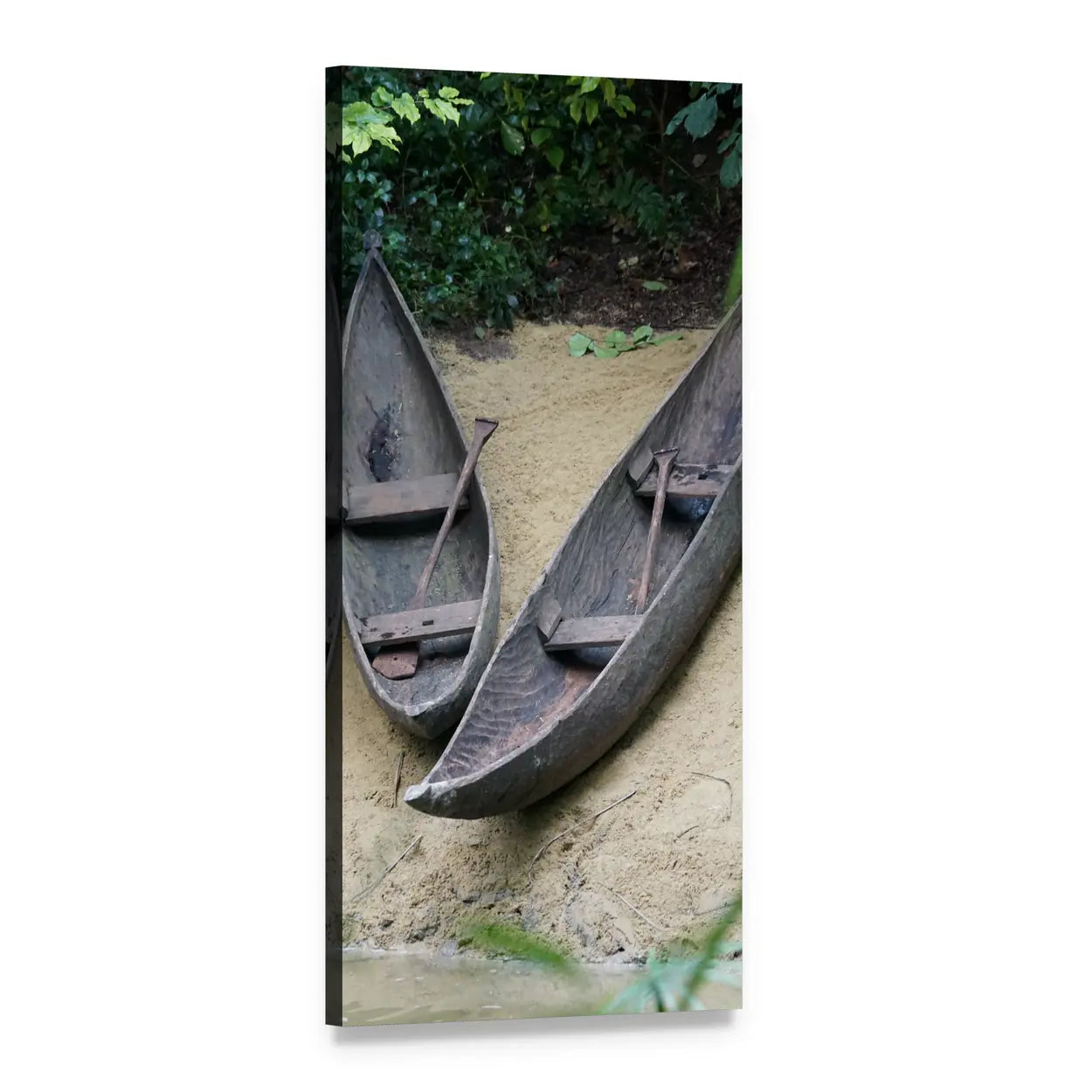Two Wooden Canoes on Sandy Bank Vertical Canvas Wall Art, 1 panel 1 Vertical layout gallery wrapped canvas set, angled product view