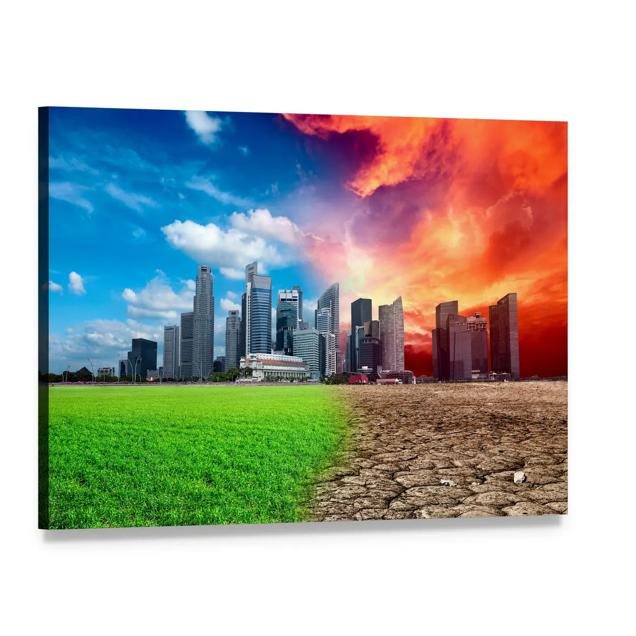 City Split by Climate Change Canvas Wall Art, single panel gallery wrapped canvas, angled product view