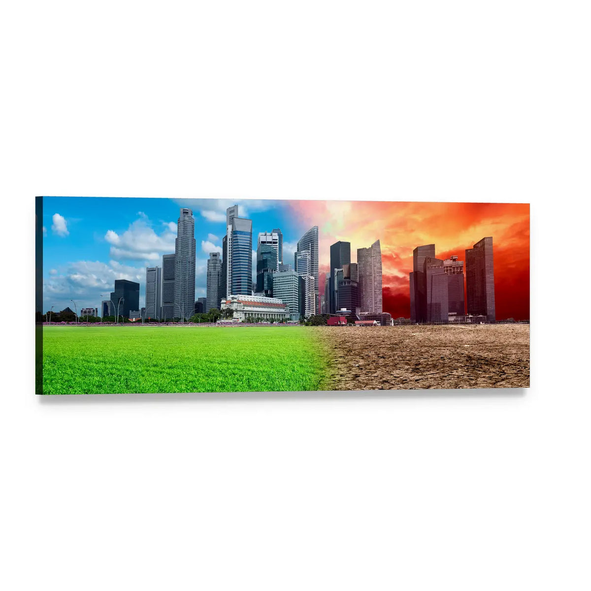 Global Warming Split: Lush Field and Cracked Earth Panoramic Canvas Wall Art, single panel gallery wrapped canvas, angled product view