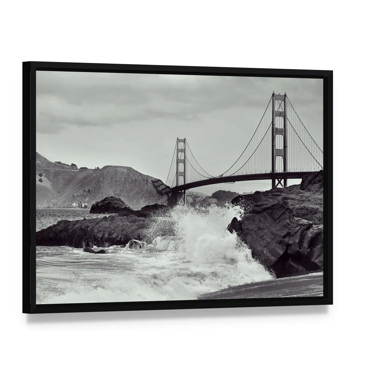 Golden Gate Bridge from the Beach Canvas Wall Art, framed canvas in a black floater frame, angled product view