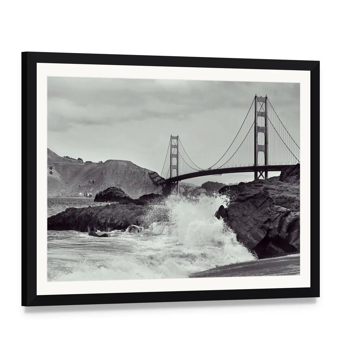 Golden Gate Bridge from the Beach Canvas Wall Art, framed print with white mat and black frame, angled product view