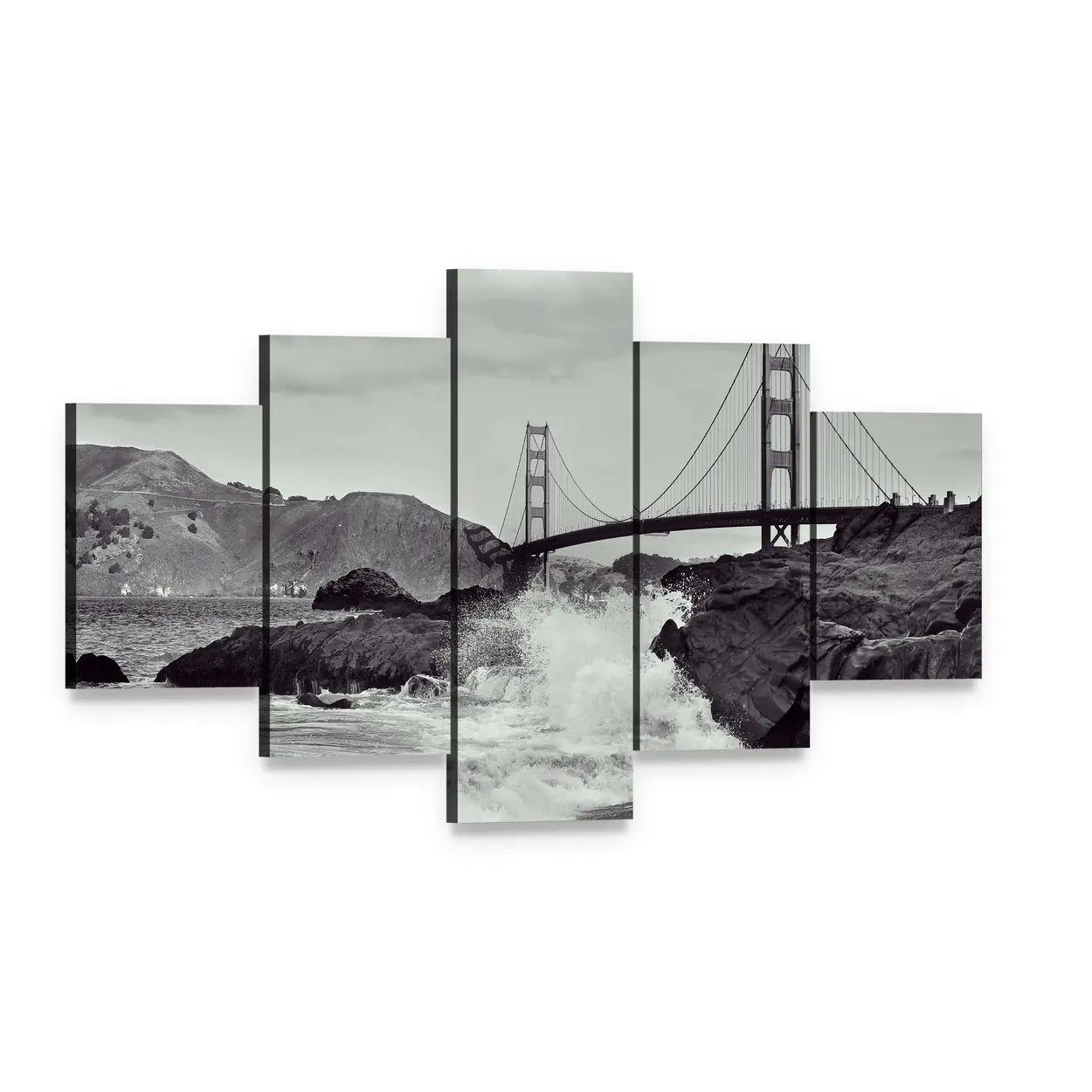 Golden Gate Bridge from the Beach Canvas Wall Art, 5 panel 5 Star layout gallery wrapped canvas set, angled product view