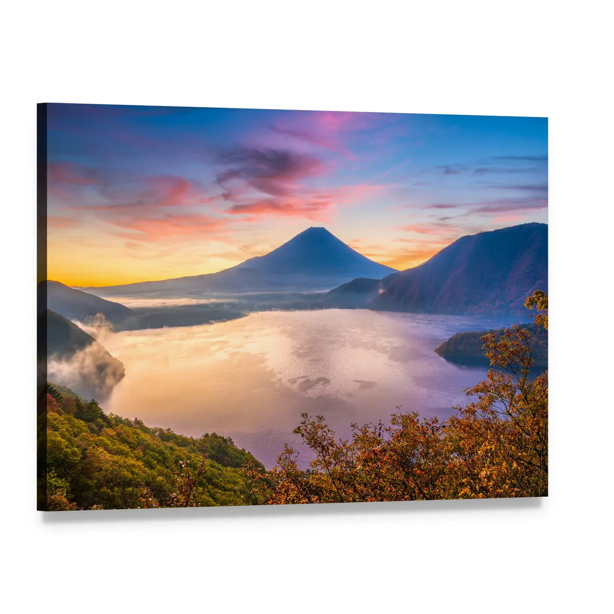 Mount Fuji and Motosu Lake Canvas Wall Art, single panel gallery wrapped canvas, angled product view