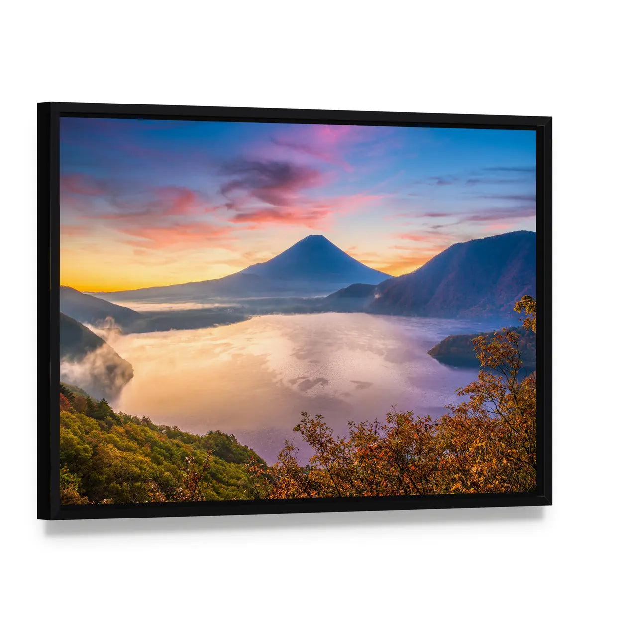 Mount Fuji and Motosu Lake Canvas Wall Art, framed canvas in a black floater frame, angled product view