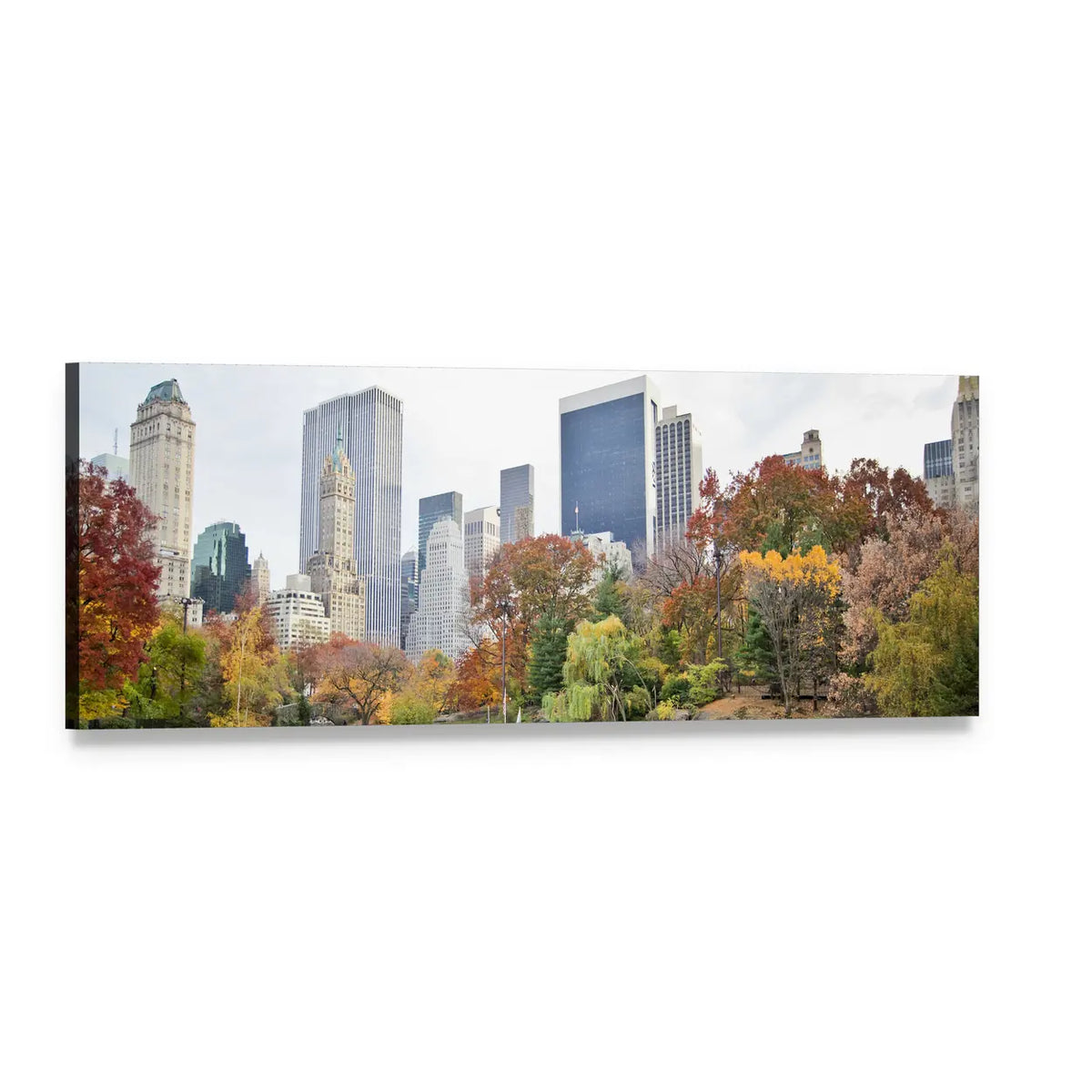 Ny Ice Skaters in Autumn Park Panoramic Canvas Wall Art, single panel gallery wrapped canvas, angled product view