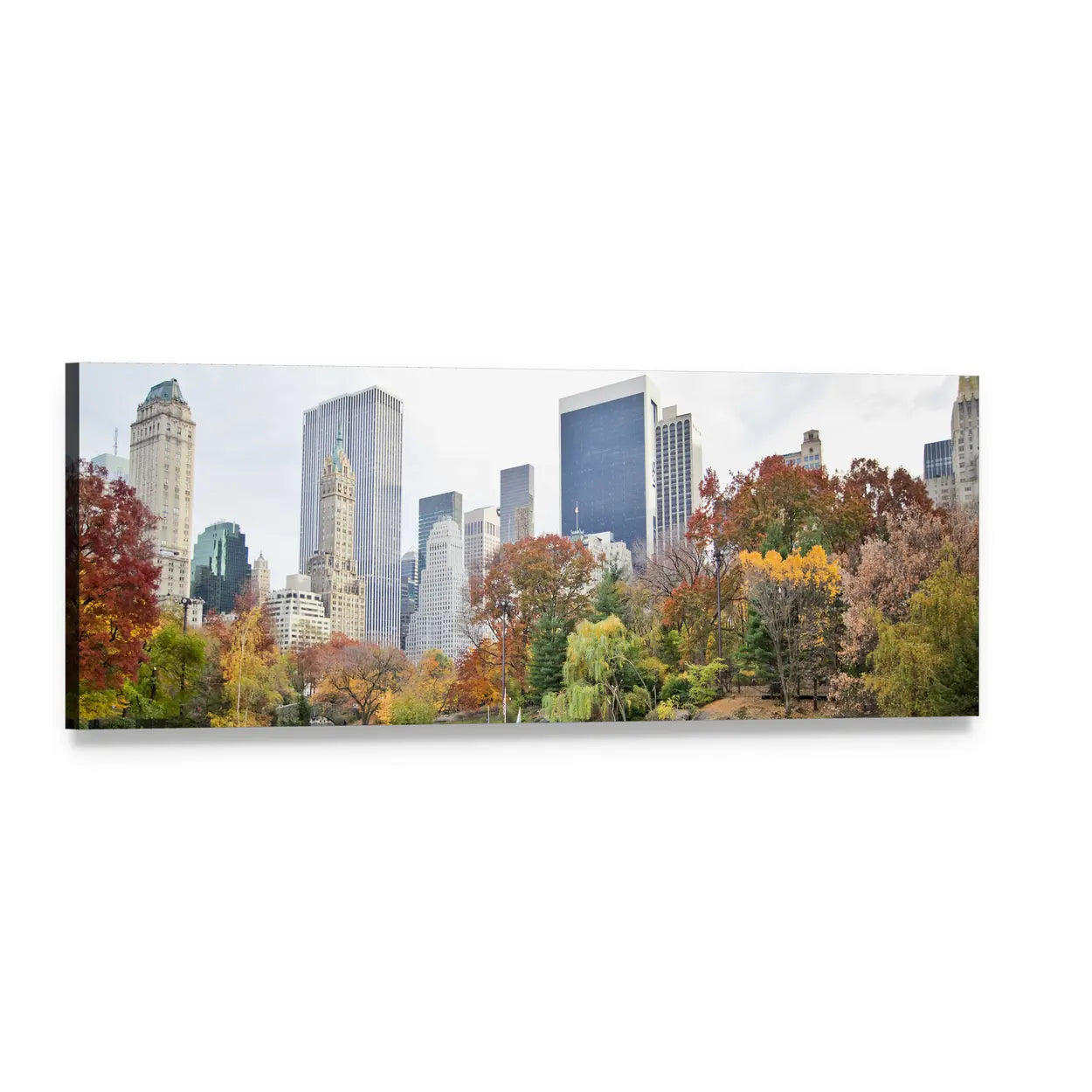 Ny Ice Skaters in Autumn Park Panoramic Canvas Wall Art, single panel gallery wrapped canvas, angled product view